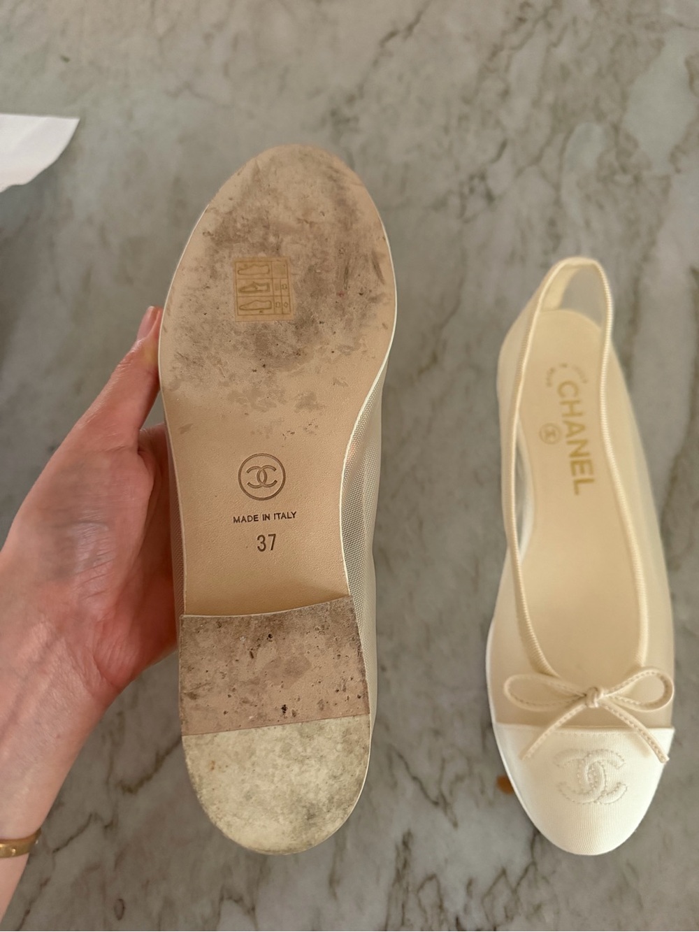 Chanel Ivory Mesh & Grosgrain Ballet Flats Size 37 - Picture 5 of 7